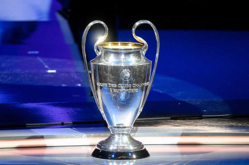 UEFA Champions League football trophy cup during the draw for the UEFA Champions League football tournament 2023-2024 at The Grimaldi Forum in the Principality of Monaco. AFP