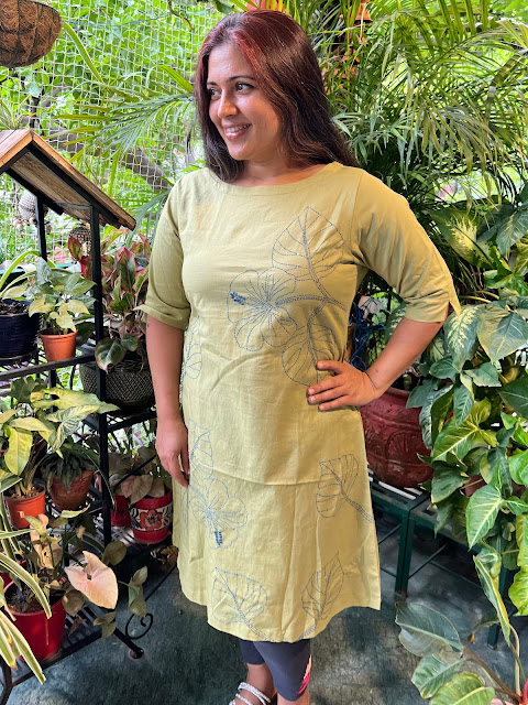 Green kurti with Kantha work. We have it available in all sizes.