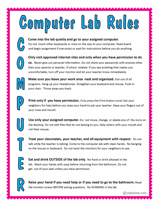 Computer Lab Rules Chart List for Class room