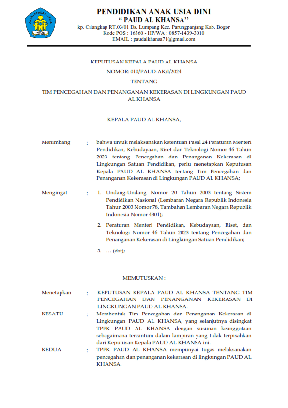Gratis Download Surat Keputusan TPPK PAUD di Kabupaten Bogor