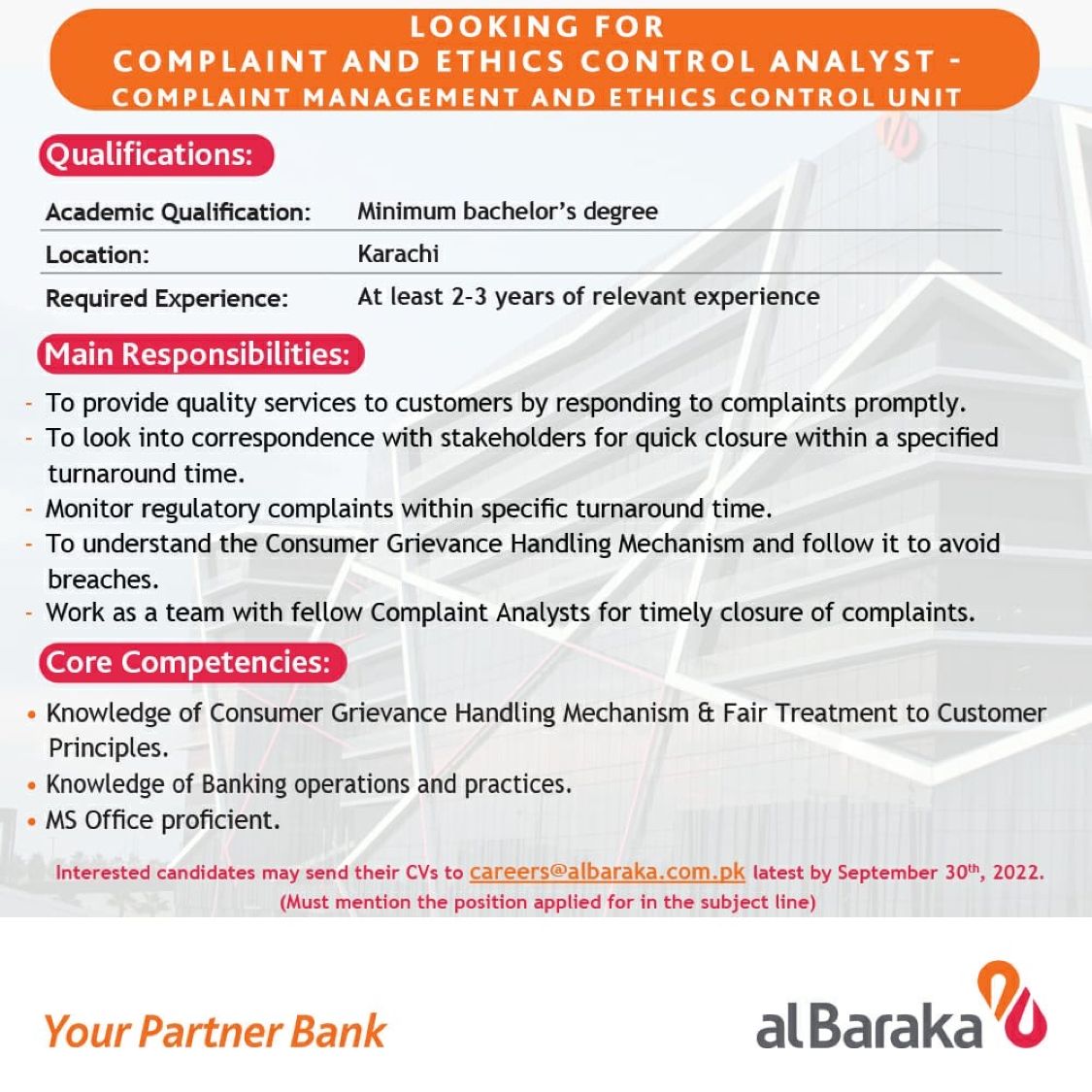 Al Baraka Bank (Pakistan) Limited career opportunity for Complaint And Ethics Control Analyst