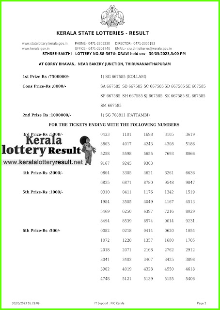 Off. Kerala Lottery Result; 30.05.23 Sthree Sakthi Lottery Results Today " SS-367"