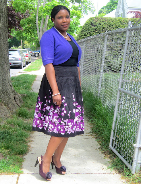 Floral skirt, midi skirt, purple heels