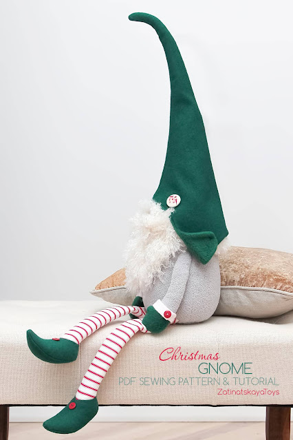 Karl Christmas gnome with a Swedish hat and dangling legs by sewing patterns of Zatinatskaya Natalia