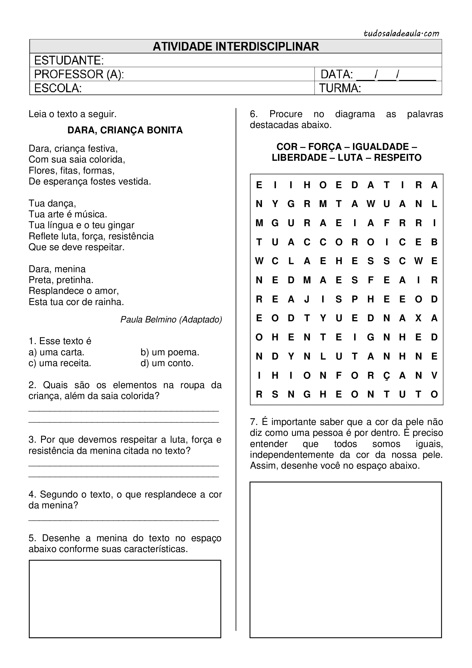 Atividade de Inglês sobre o Dia da Consciência Negra com Gabarito