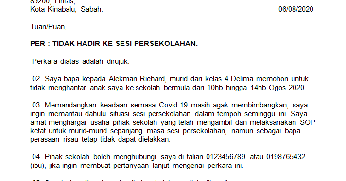 Cara Membuat Surat Rasmi Kerana Tidak Hadir Ke Sekolah