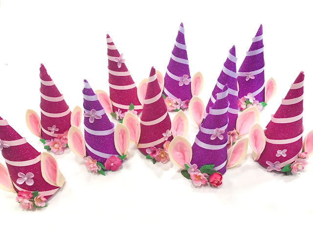 unicorn party hats, unicorn themed party, glitter hats, flower hats, girls' party