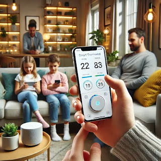 "A family in their modern smart home using a smartphone app to adjust their smart thermostat. The thermostat screen displays temperature settings, while other smart home devices like a smart speaker and automated lighting are visible in the background."