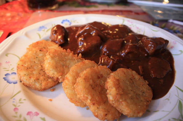 Goulash with potato pancakes at German Cafe in French Lick, Indiana