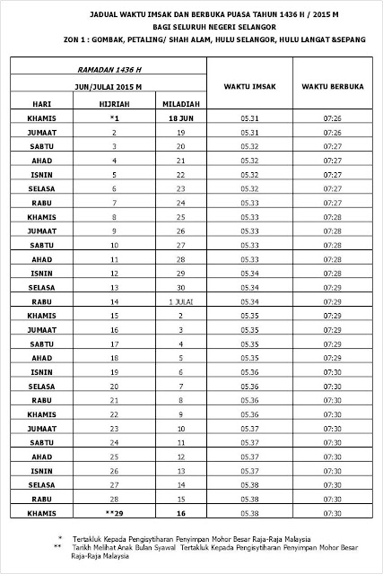 Jadual Imsak Dan Berbuka Puasa 2015 Selangor