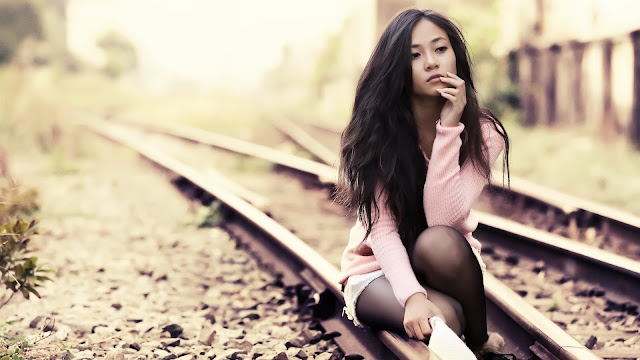 Asian Girl on the Tracks HD Wallpaper