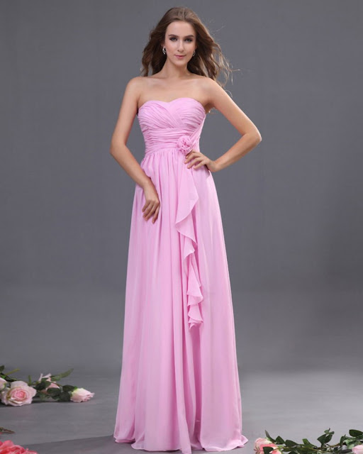 elegant-Sweetheart-strapless-A-Line-long-Chiffon-Pink-Bridesmaid-Dress