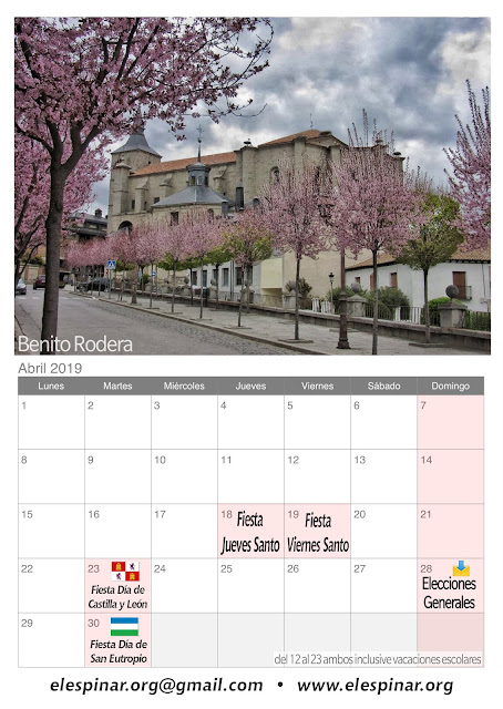 Calendario del mes de abril 2019