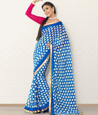 BRAND: Brijraj CATEGORY: Saree with Unstitched Blouse  COLOUR: Saree: Blue and White Blouse: Magenta  MATERIAL: Saree: Poly Georgette Blouse: Poly Georgette