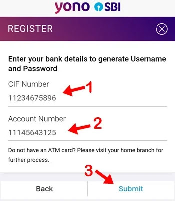 enter cif number account no and click submit