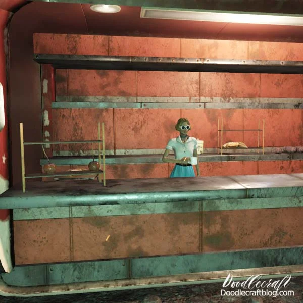 Here's Betty Hill, my bestie at Nuka World on Tour.   She sells much of the new foods, has the Caramel Mutfruit and Yao Guai Pastries on display...and a little hot dog stand to the left of her trailer.   She sells some unique Nuka themed clothing too!