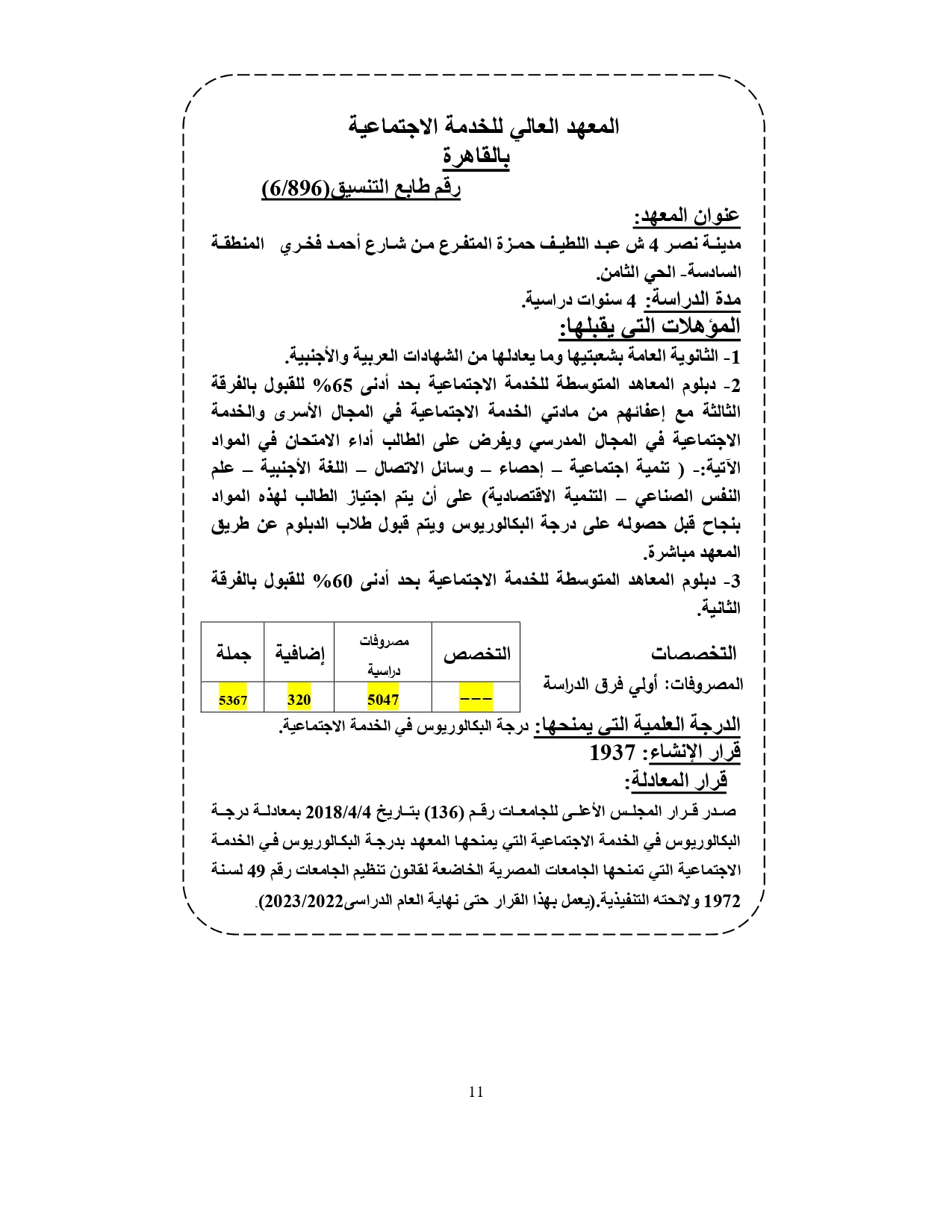 المعهد العالي للخدمة الاجتماعية بالقاهرة «مصروفات ومعلومات»
