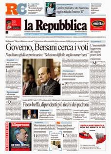 La Repubblica del 23 Marzo 2013 | ISSN 0390-1076 | TRUE PDF | Quotidiano | Cronaca | Politica
La Repubblica è un quotidiano italiano, con sede a Roma, appartenente al Gruppo Editoriale L'Espresso.
È il secondo quotidiano d'Italia per diffusione, dopo il Corriere della Sera di Milano.
È primo nelle statistiche sul lettorato, con una quota stimata di 3 milioni e 523.000 lettori.