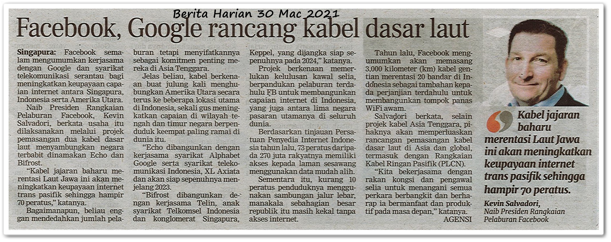 Facebook, Google  rancang kabel dasar laut - Keratan akhbar Berita Harian 30 Mac 2021