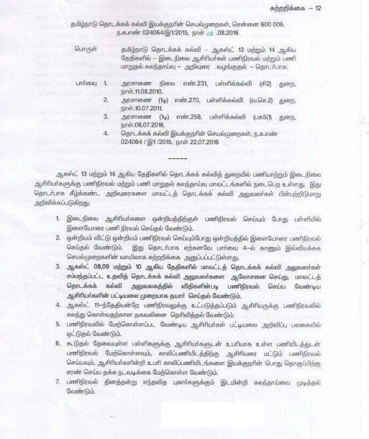 இடைநிலை ஆசிரியர் பணிநிரவல் மற்றும் மாறுதல் கலந்தாய்வில் மேற்கொள்ள வேண்டிய செயல்முறைகள். இயக்குநர் உத்தரவு. 