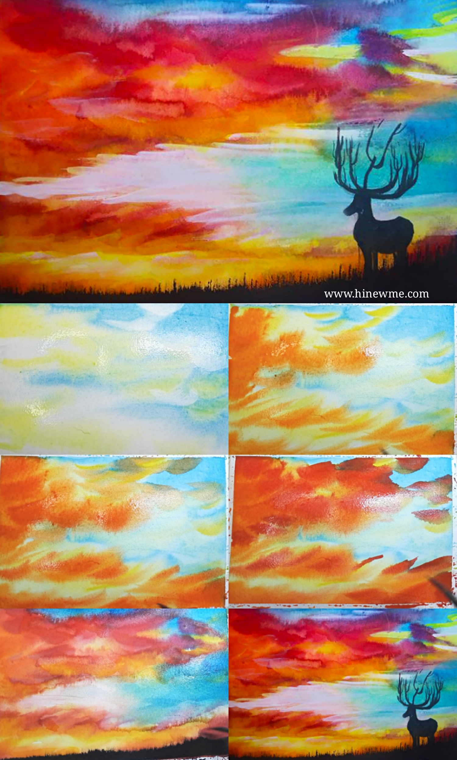 How to draw watercolor colorful sunset landscape step by step tutorial easy for beginner