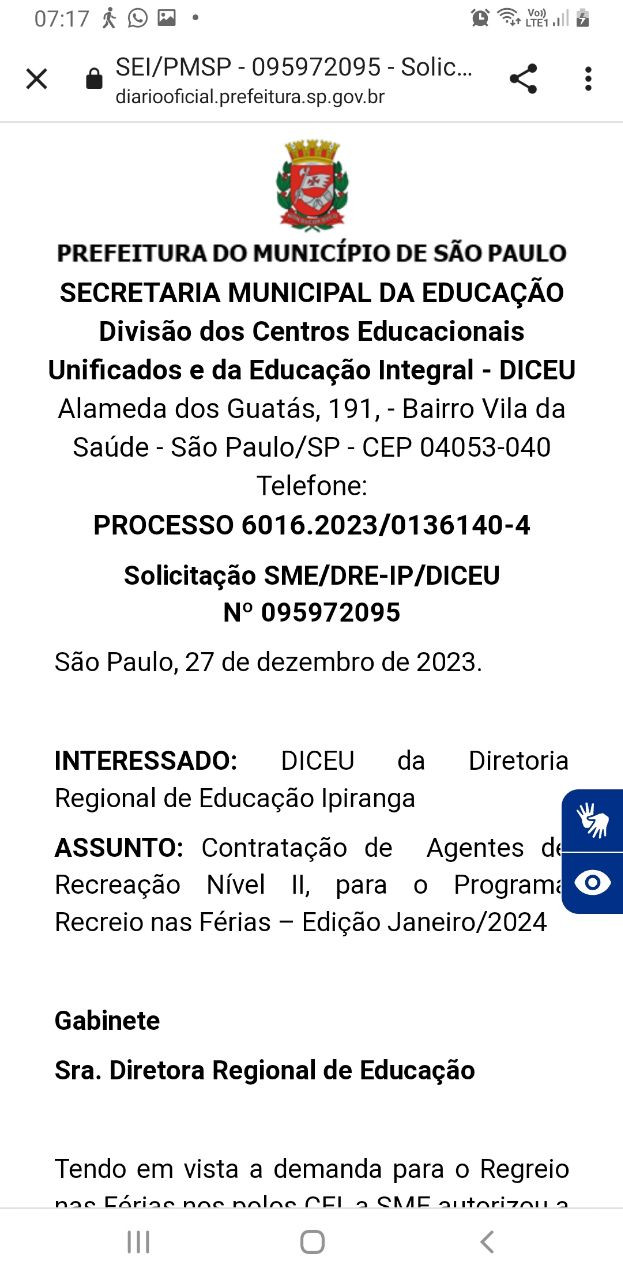 DRE Ipiranga:Contratação de  Agentes de Recreação Nível II, para o Programa Recreio nas Férias – Edição Janeiro/2024