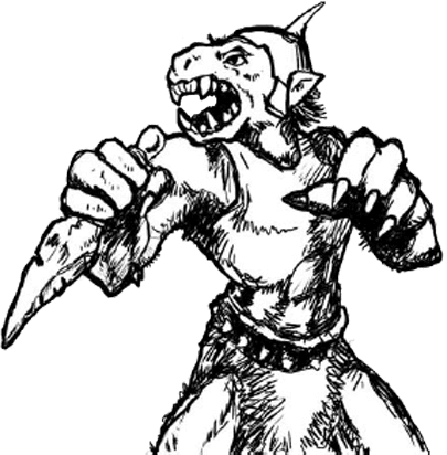 [The orc from the title page of Orx. Bared teeth, vaguey clawy hands, horn or spikey thing sticking up out of his head, stone knife, fur loincloth... Generally fearsome, unless you just how badly screwed he is.]