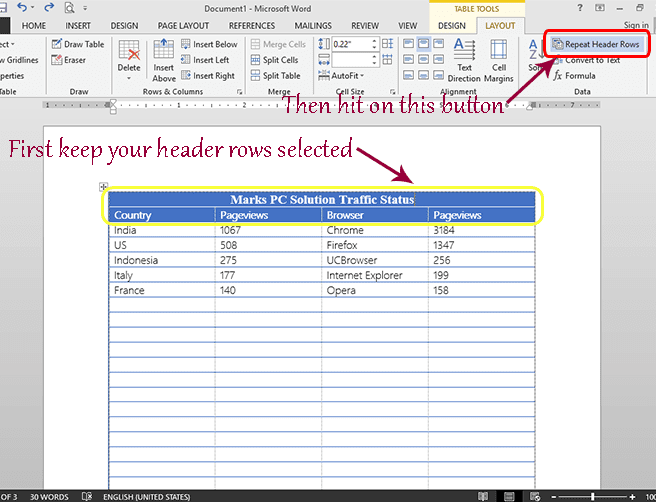 How to Repeat Table Heading in MS Word? Marks PC Solution