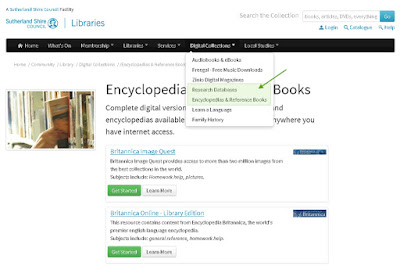Screen shot showing the location of Encyclopedia Britannica on the library website