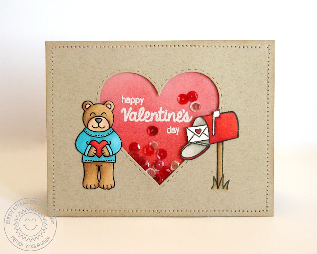 Sunny Studio Stamps Sending My Love & Stitched Hearts Shaker Card by Mendi Yoshikawa