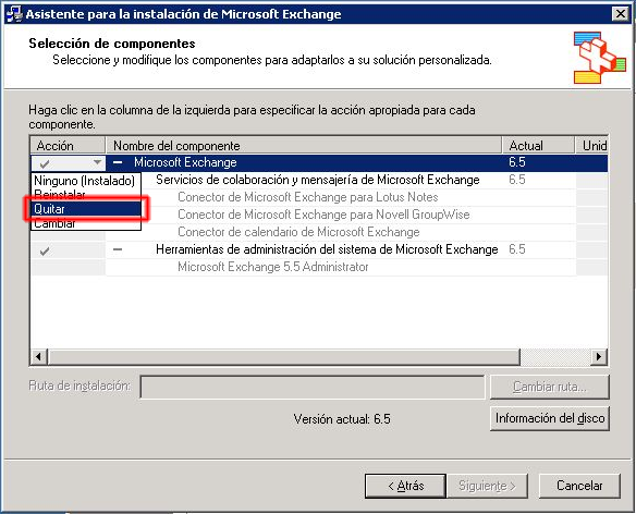 Asistente para la instalación de Microsoft Exchange - Selección de componentes.