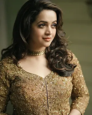 Bhavana Menon gracefully posing in a long, elegant dress during her latest photoshoot