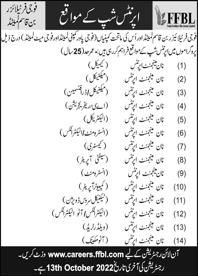 Fauji Fertilizer Bin Qasim FFBL Apprenticeship Program 2022