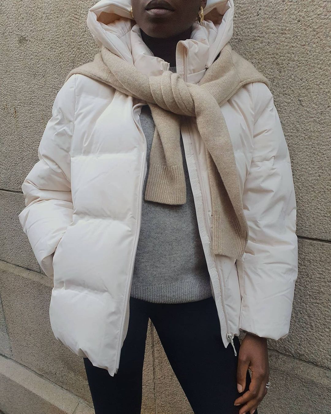 Cozy Winter Neutral Outfit Idea — @chrystelleeriksberger white puffr coat, tan scarf and gray sweater