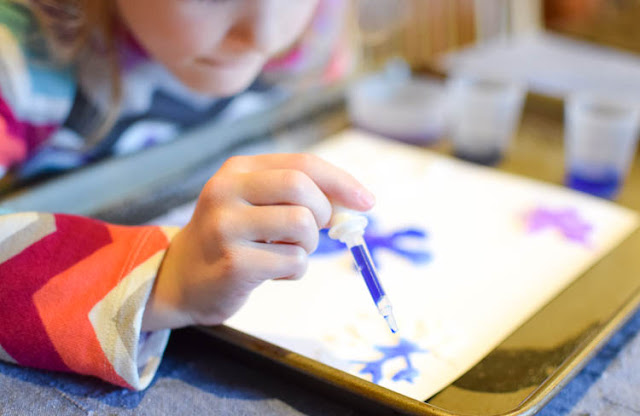 Salt Painted Snowflakes- fun winter process art activity for preschool, kindergarten, or elementary kids. Great for fine motor development, color theory, and science!