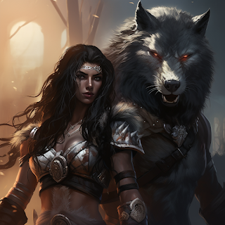 A black wolf humanoid wearing savage armor stands behind a beautiful exotic woman with black long hair within a vibrant fantasy land in shades of amber