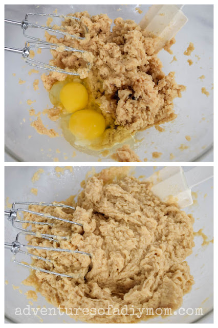 collage of adding eggs to cookie dough
