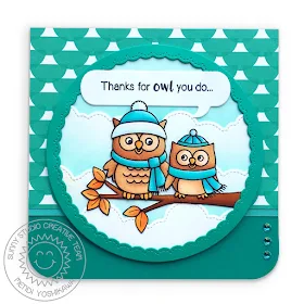 Sunny Studio: Woody Autumn Owls with Hats & Scarves Punny Thank You Card (using Happy Owl-o-ween Stamps, fluffy cloud border dies, Fancy Frames Circle dies & Comic Strip Speech Bubbles Dies)