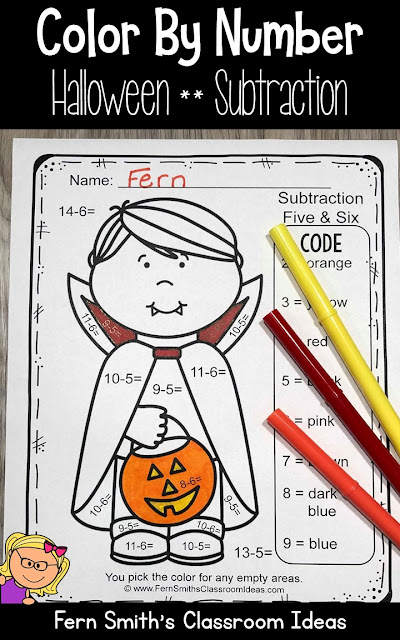 Halloween Color By Number Cute Students in Halloween Costumes for Some October Halloween Fun For Your Subtraction Math Lessons - For Kindergarten, First Grade and Second Grade - TeacherspayTeachers - #FernSmithsClassroomIdeas