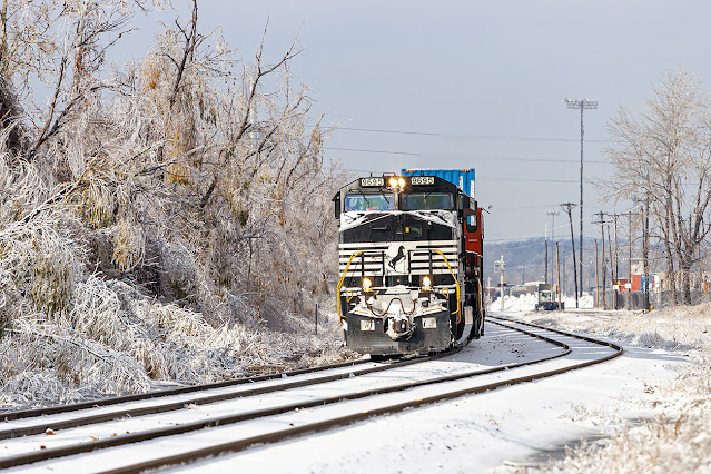 NS 9695 pulls its train south on the St. Louis District at Adelaide Avenue while switching at Luther Yard