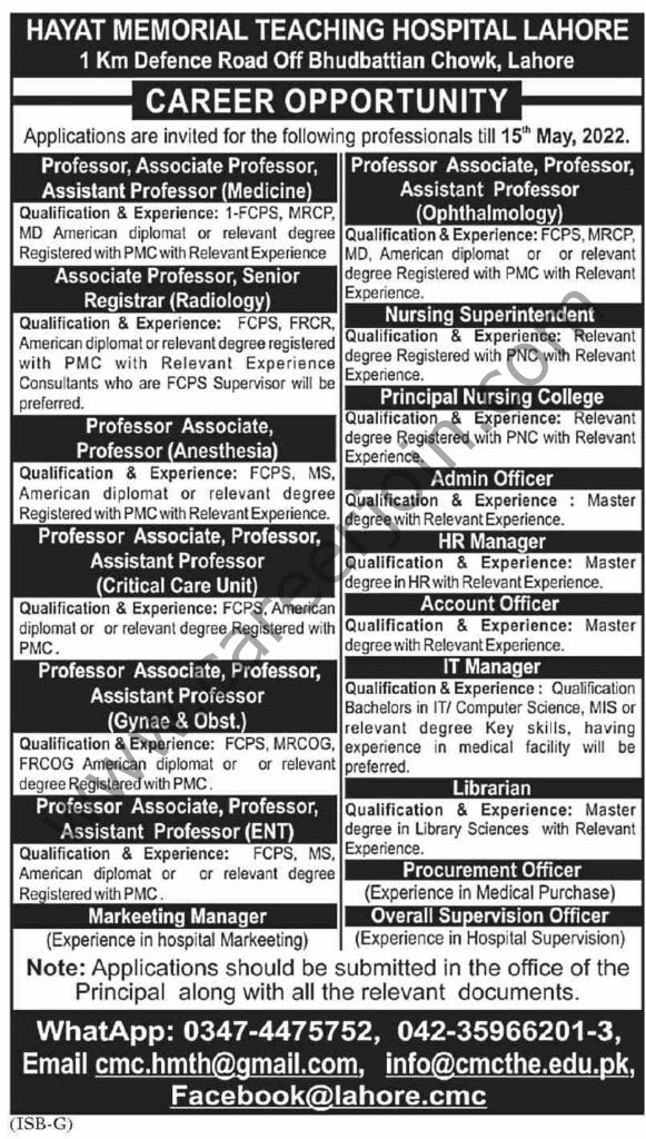 Hayat Memorial Teaching Hospital Lahore Jobs May 2022