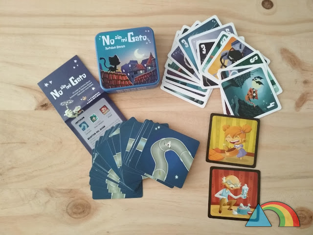 Contenido del juego No sin mi gato: Reglamento, cartas de canalón, cartas de hogar y cartas de gato callejero