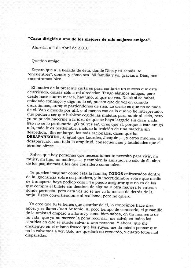 Juan Antonio Sánchez Sánchez: CARTA DE UN AMIGO