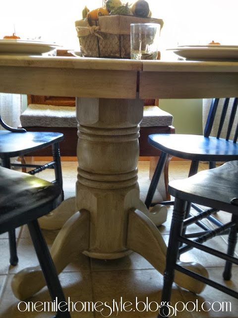 Dining table with finishing glaze added, pedestal detail 