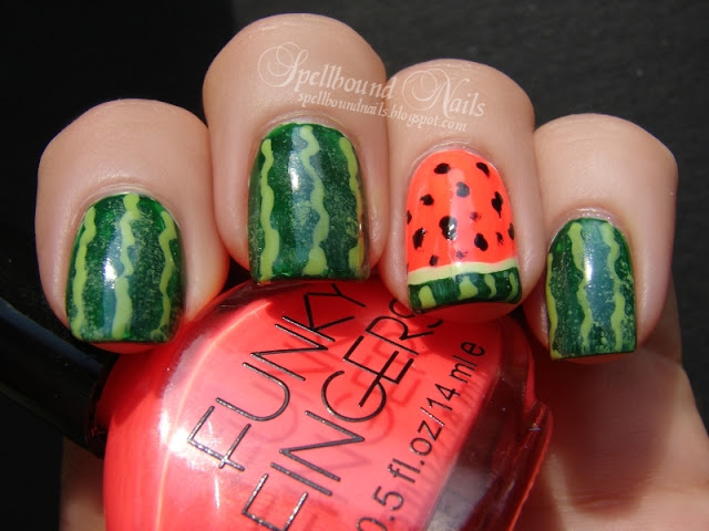 nails nailart nail art Spellbound mani manicure watermelon fruit green China Glaze Holly-Day Sally Hansen Green with Envy Funky Fingers Kingston realistic