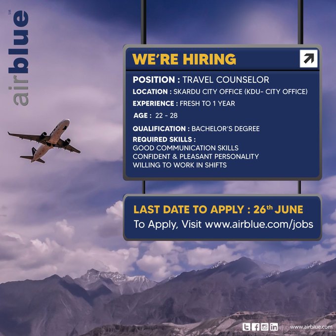 Airblue Airline Jobs For Travel Counselor