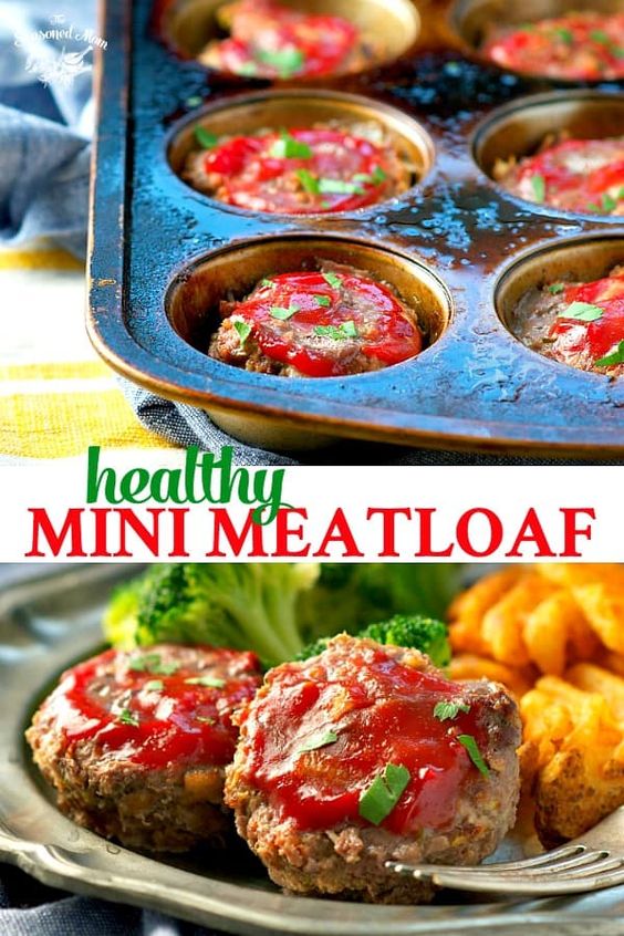 This Healthy Mini Meatloaf bakes in a muffin pan for an easy dinner recipe that's ready in 30 minutes! Ground Beef Recipes | Healthy Dinner Recipes #TheSeasonedMom #groundbeef #meatloaf #dinner #minimeatloaf #easydinner #30minutemeal