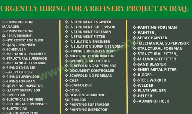 URGENTLY HIRING FOR A REFINERY PROJECT IN IRAQ