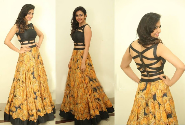 Rakul Preet Singh in Black Crop Top with Zipper Back and Yellow Printed Long Skirt