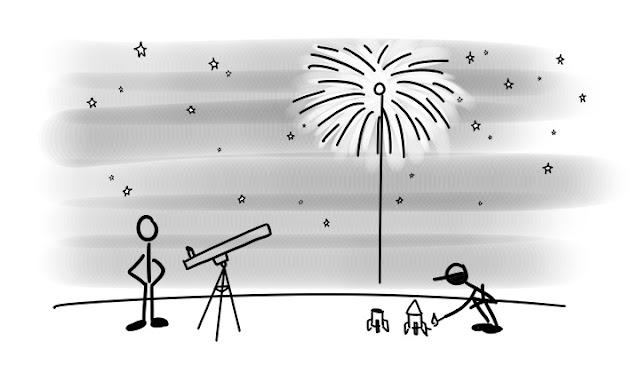 Stickman letting off fireworks when friend is stargazing